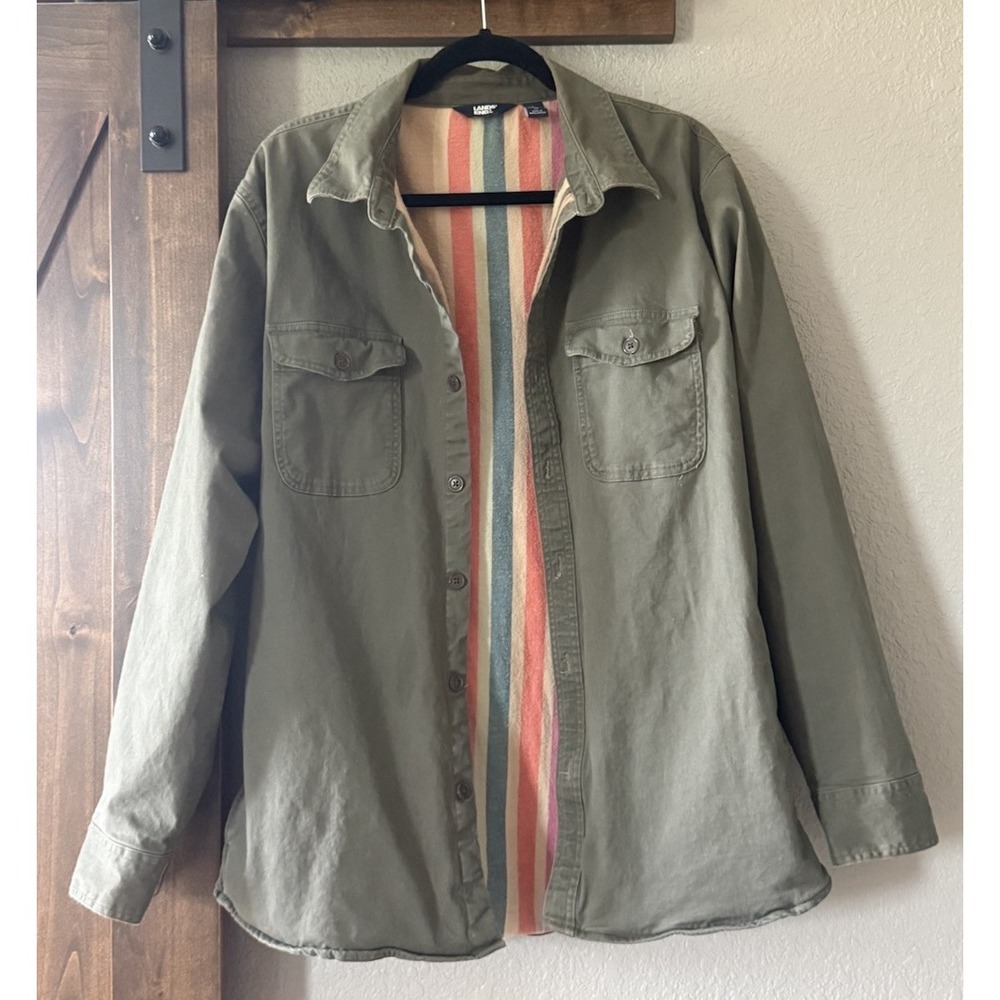 VINTAGE 90s Lands End Barn Coat Chore Field Jacket Men Green Fleece Lined Large